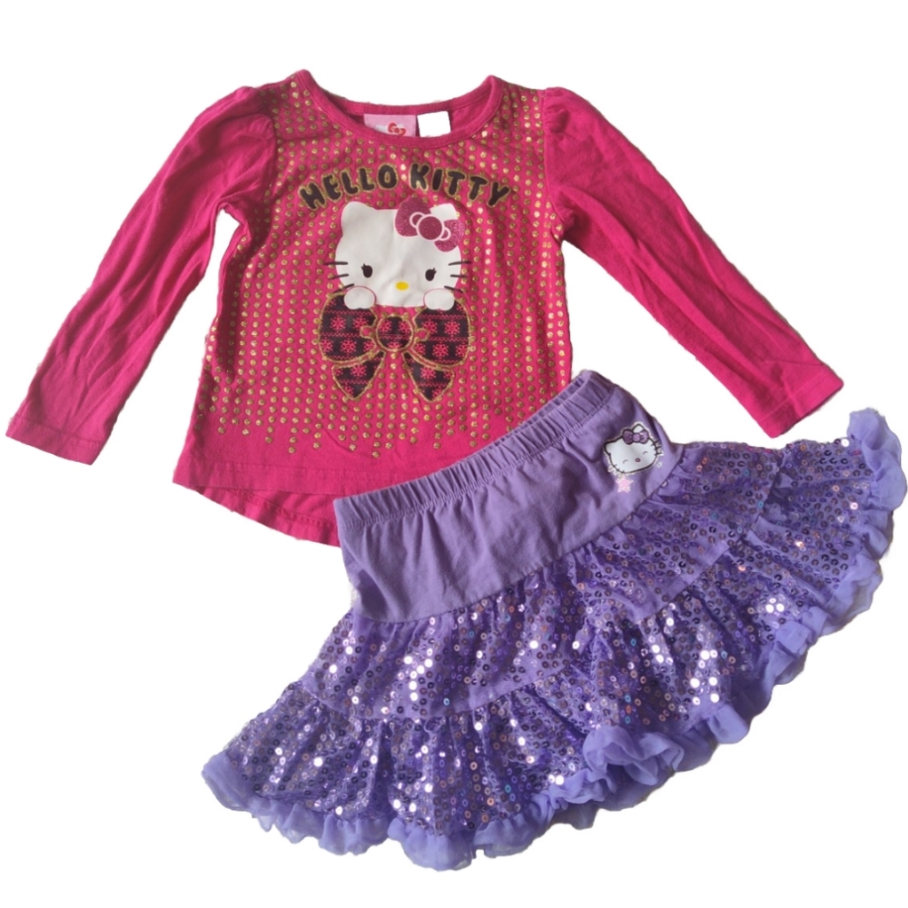 Hello Kitty Lot 3T Long Sleeve Pink Top Purple Sequin Skort Skirt